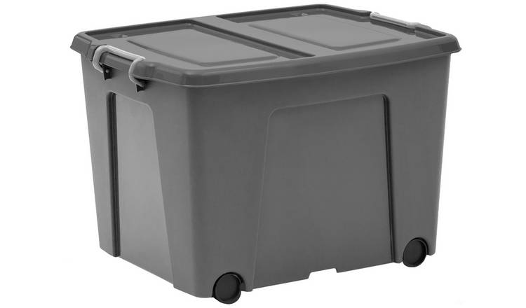 2 x Strata UKB 75L Black Tough Storage Crate & Lid {Wheeled} 