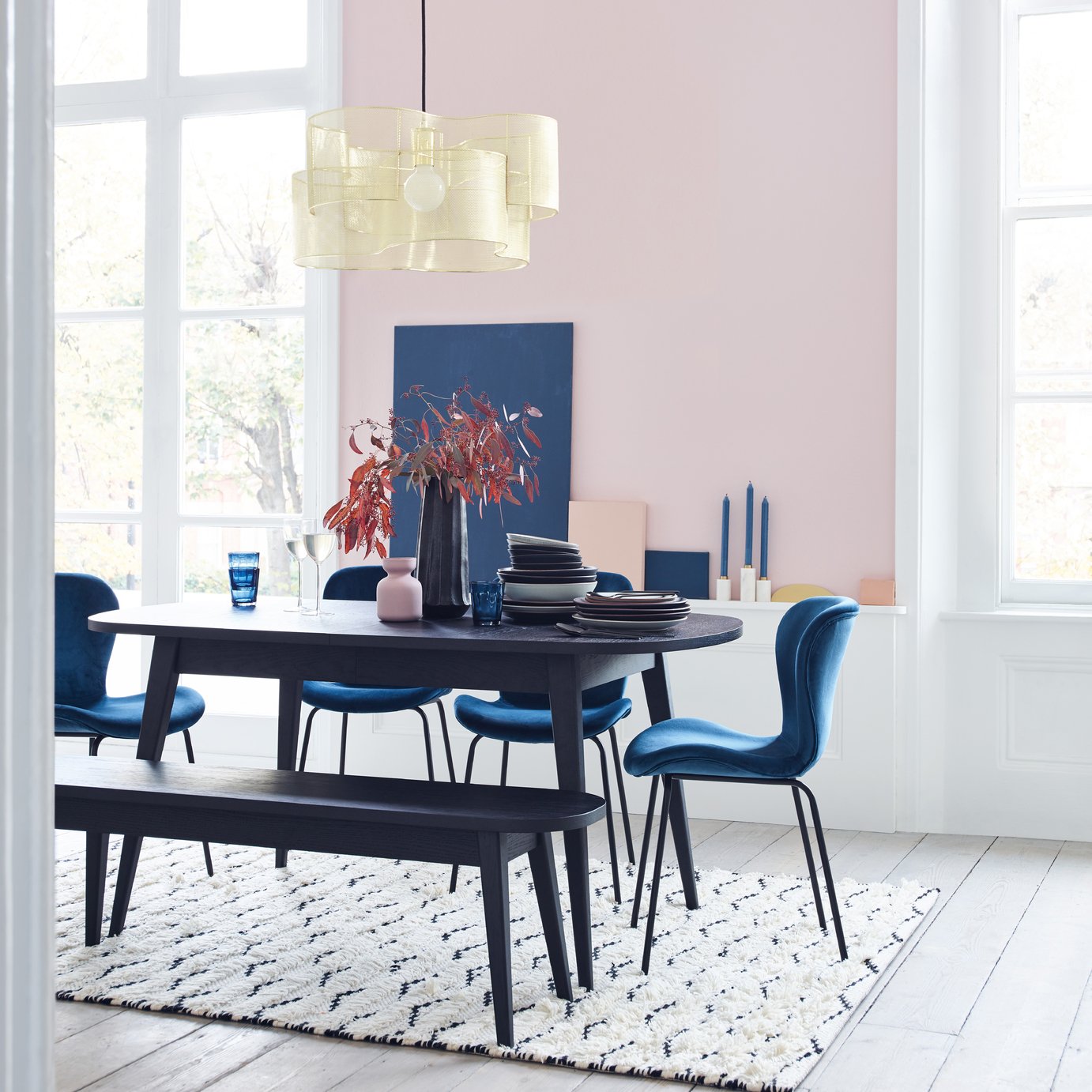 Habitat Etta Extending Black Dining Table & 6 Grey Chairs