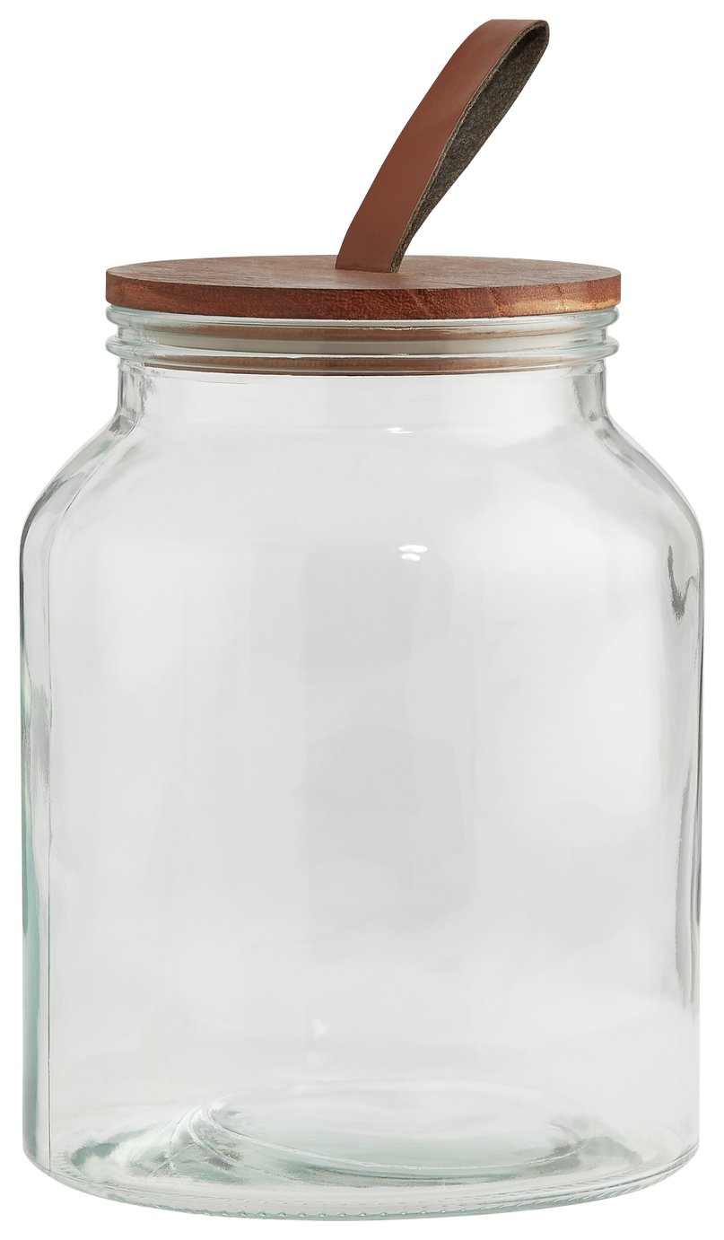 Habitat 3 Litre Wood Faux Leather Lid Glass Jar - Clear