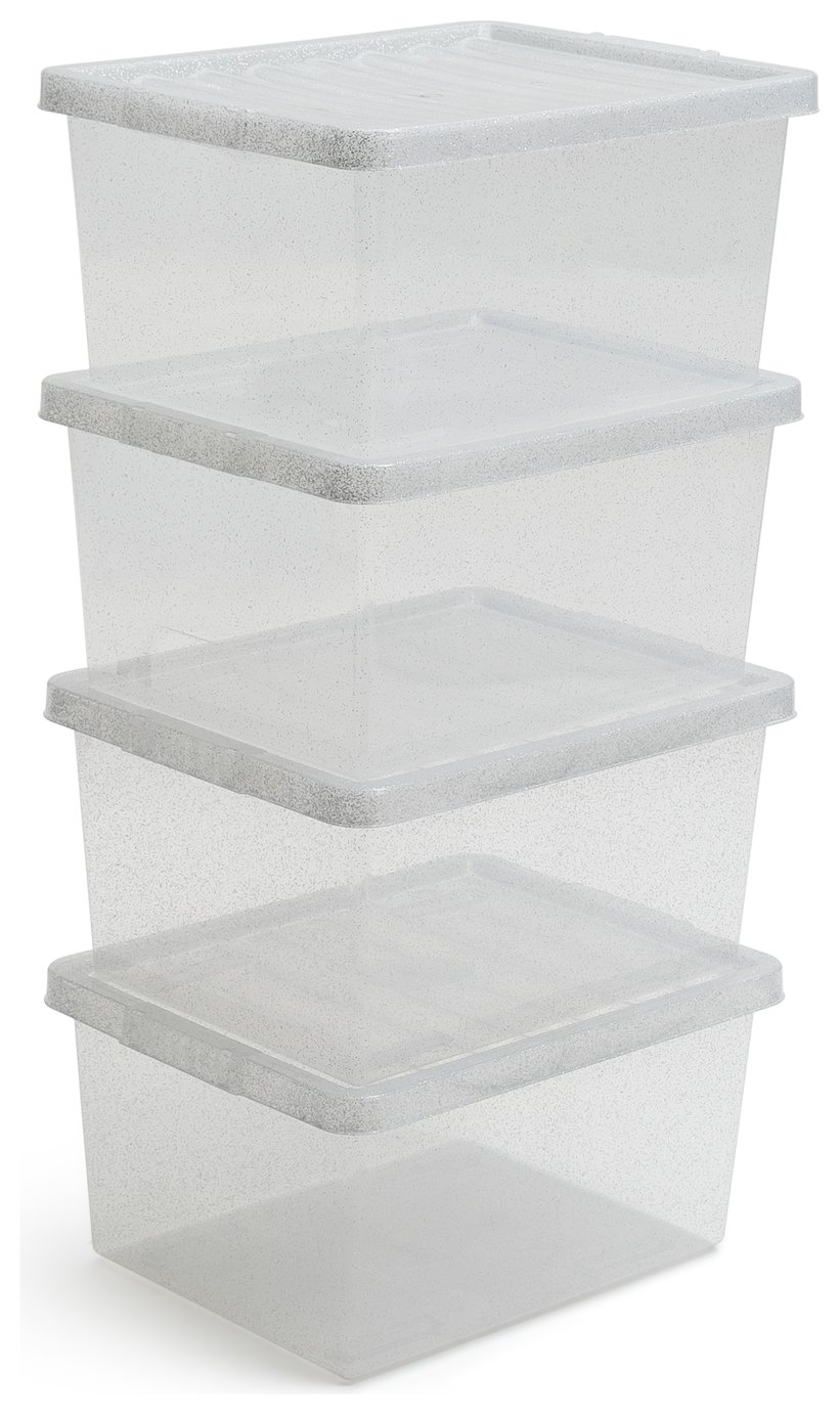 Argos Home 4 x 27 Litre Glitter Storage Boxes - Silver