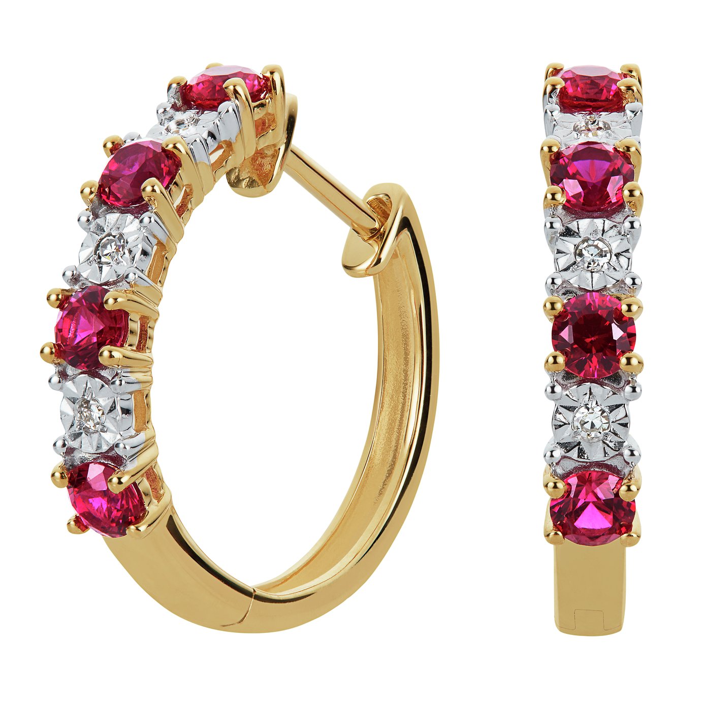 Revere 9ct Gold Created Ruby and Diamond Huggie Earrings