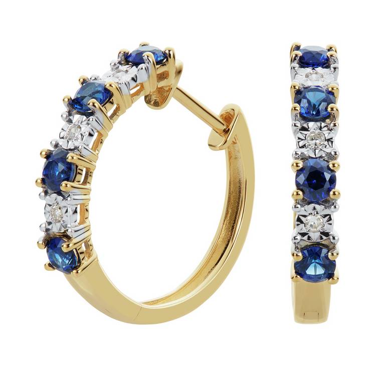 Revere 9ct Gold Created Sapphire and Diamond Huggie Earrings 0