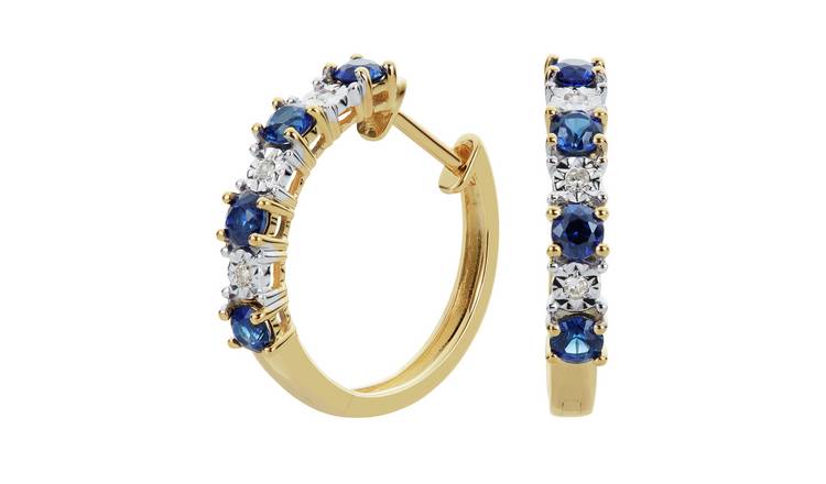 Revere 9ct Gold Created Sapphire and Diamond Huggie Earrings