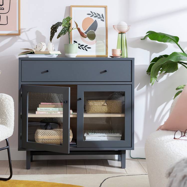 Habitat Jadon 2 Door Display Cabinet - Dark Grey & Oak 0