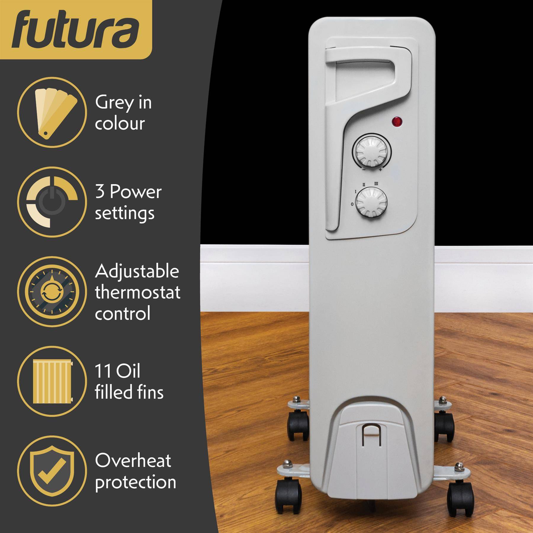 Futura 2500W Oil Filled Electric Radiator - Grey - Image 4