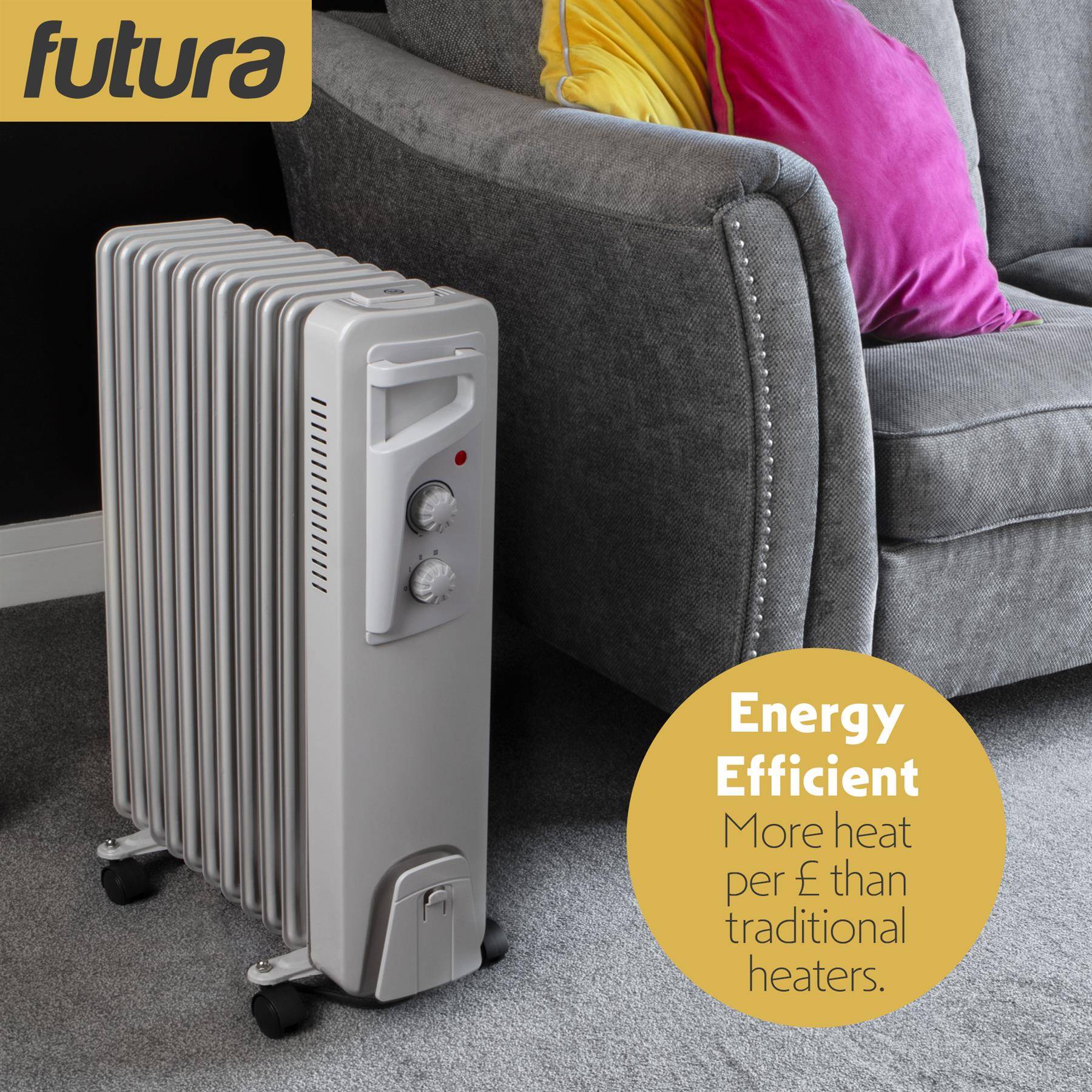 Futura 2500W Oil Filled Electric Radiator - Grey - Image 5