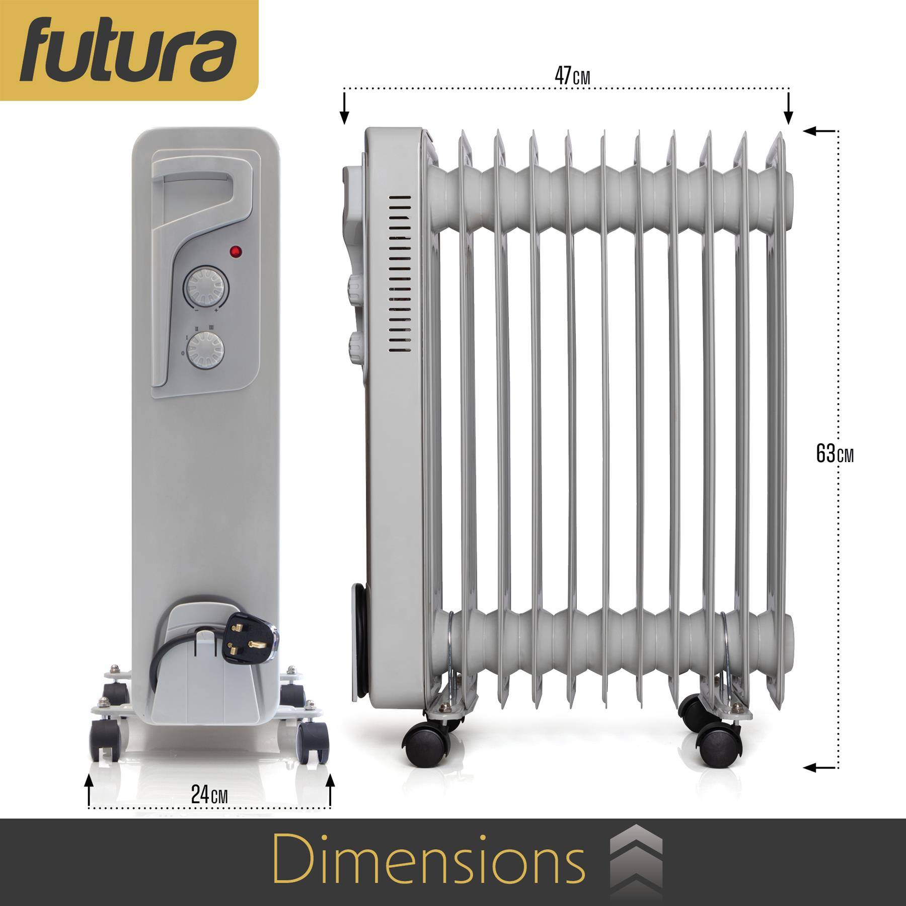 Futura 2500W Oil Filled Electric Radiator - Grey - Image 6