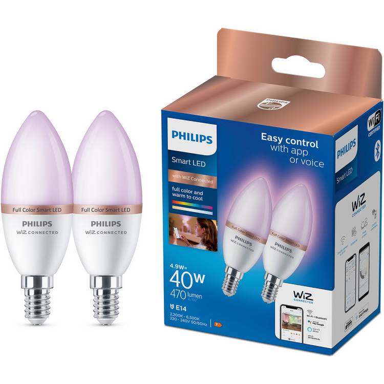 Philips WiZ E14 Colour Smart LED Wi-Fi Candle Bulbs - 2 Pack 0