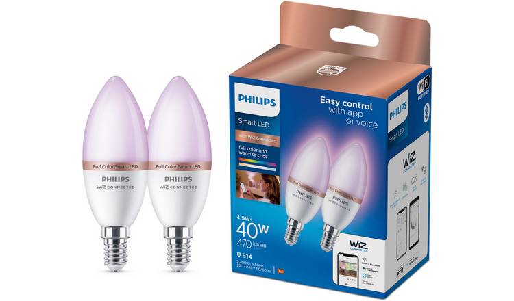 Philips Wiz E14 Colour Smart LED Wi-Fi Candle Bulbs - 2 Pack