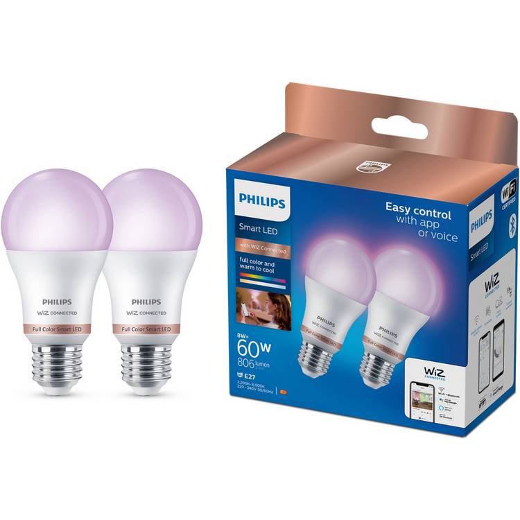 Philips WiZ E27 Colour Smart LED Wi-Fi Bulb - 2 Pack 0