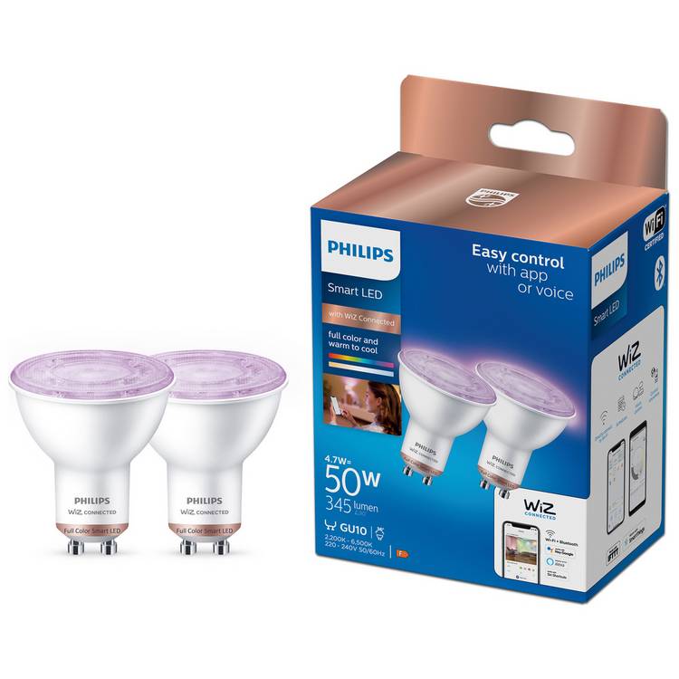 Philips WiZ GU10 Colour Smart LED Wi-Fi Bulb - 2 Pack 0