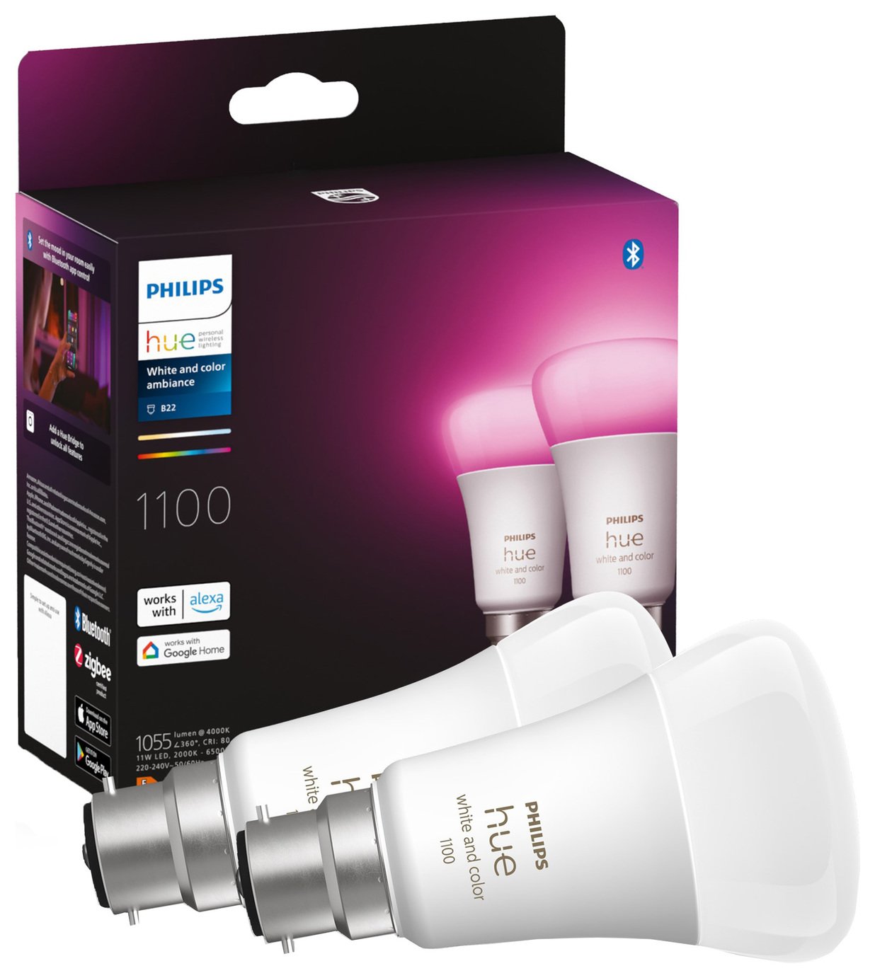 Philips Hue B22 Colour Smart Bulb With Bluetooth - 2 Pack