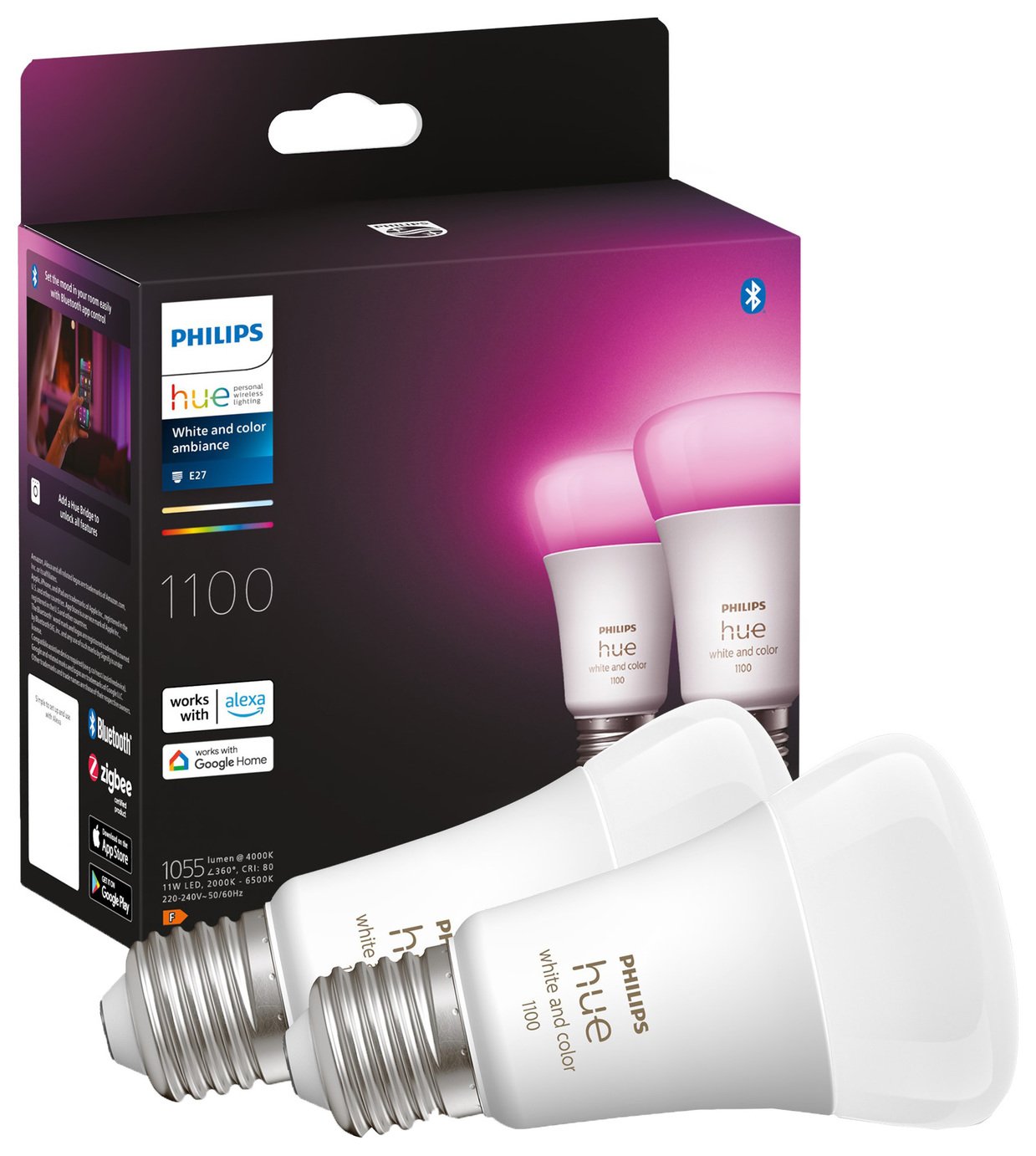 Philips Hue E27 Colour Smart Bulb With Bluetooth - 2 Pack