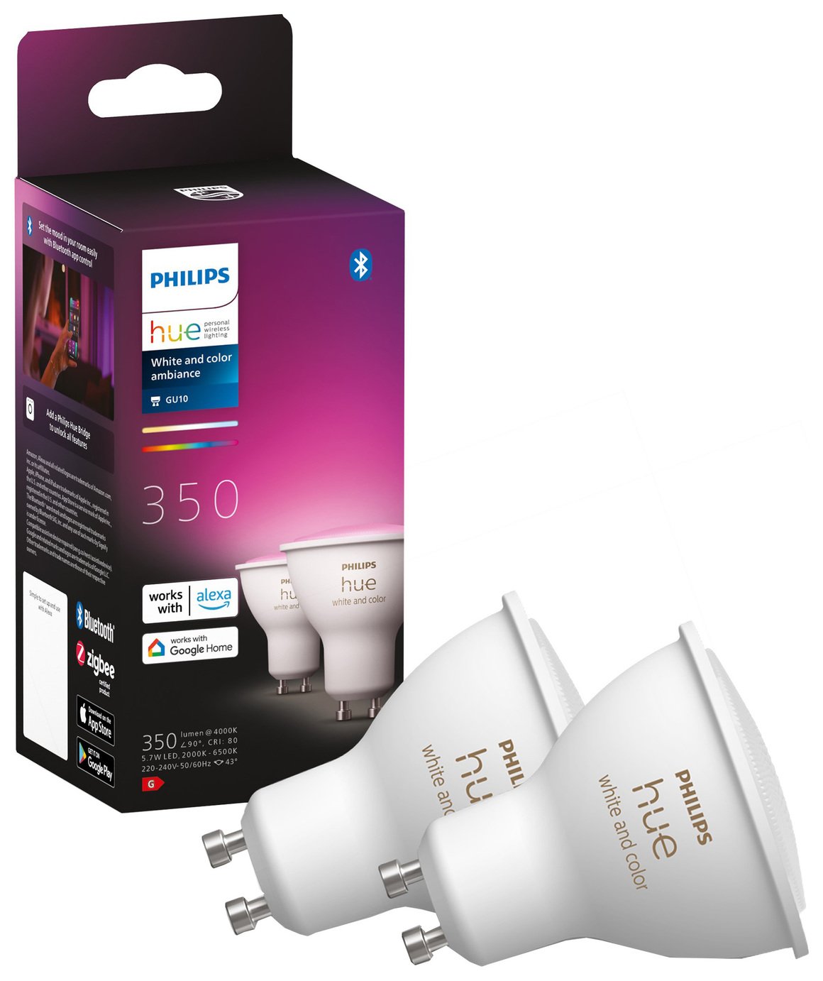 Philips Hue GU10 Colour Smart Bulb With Bluetooth - 2 Pack