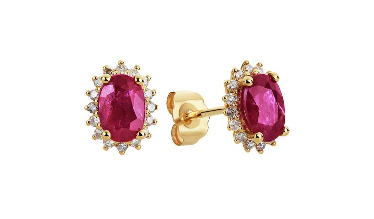 Revere 9ct Gold 0.16ct Diamond and Ruby Cluster Stud Earring