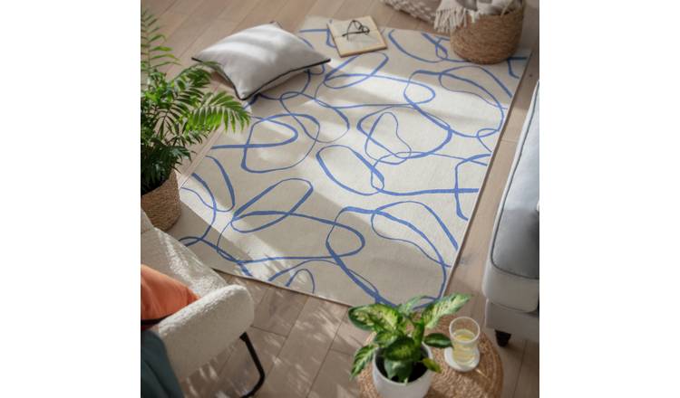 Habitat Squiggle Print Cream & Blue Flatweave Rug -170x120cm