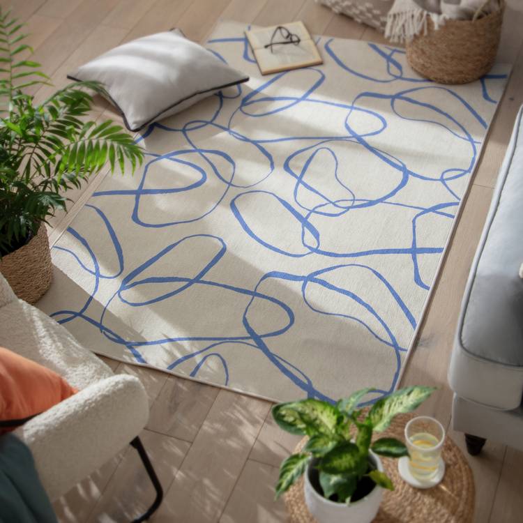 Habitat Squiggle Print Cream & Blue Flatweave Rug -170x120cm 0