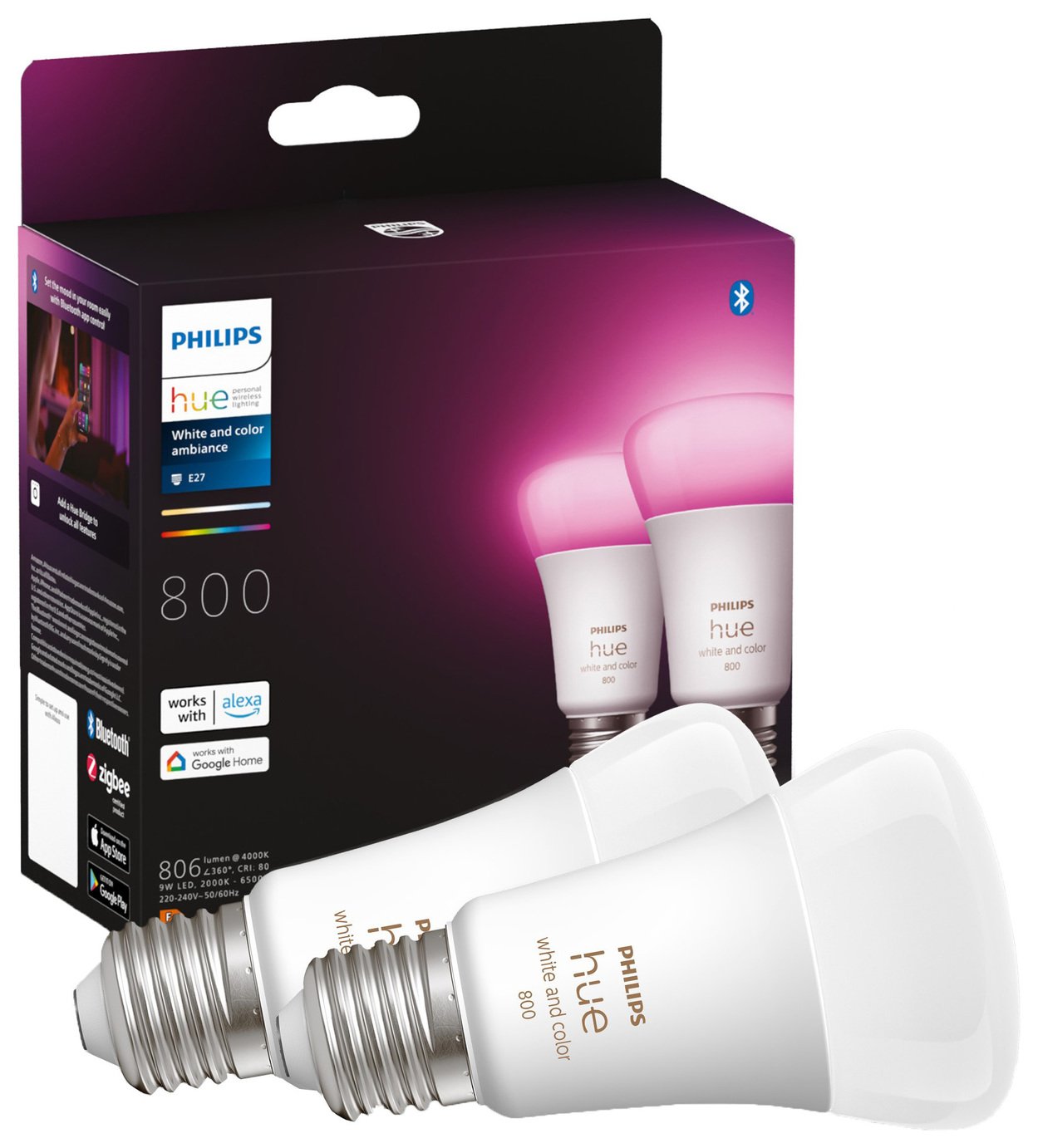 Philips Hue E27 Colour Smart Bulb With Bluetooth - 2 Pack