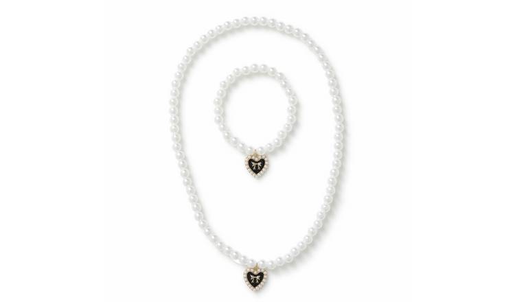 Flitzy Heart Charm Pearl Necklace and Bracelet Jewellery Set