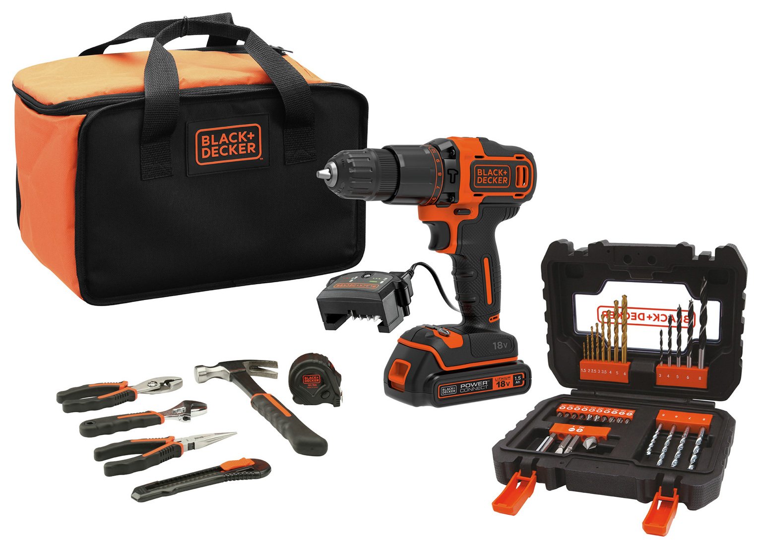 Black   Decker Hammer Drill Hand Tool and Drill Bit Set