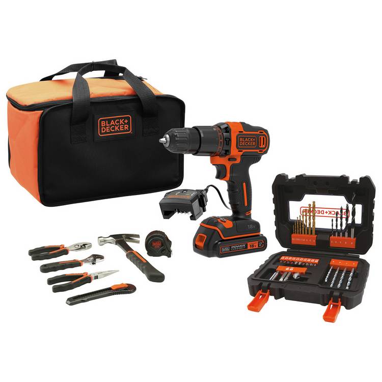 Black + Decker 18V Cordless Hammer Drill Tool and Bit Set 0