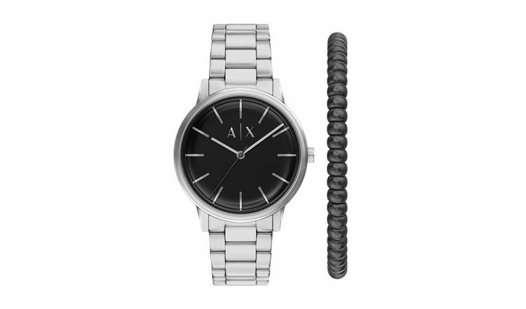 Armani Exchange Three Hand Stainless Steel Watch and Bracelet Set