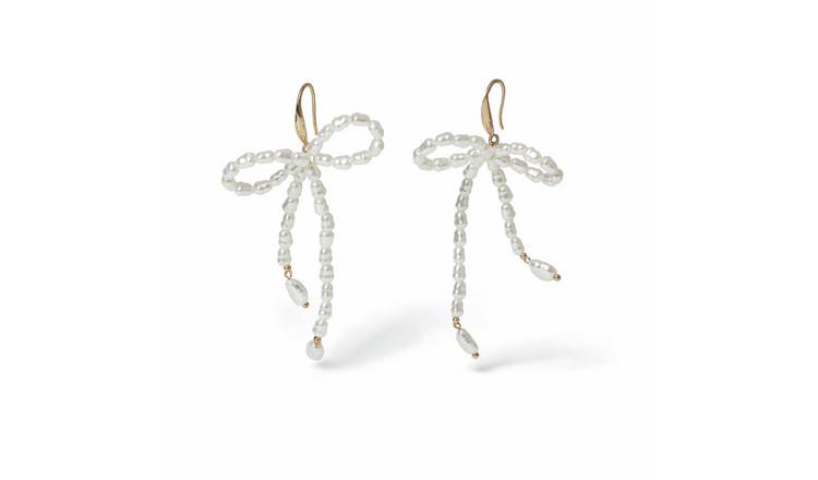 Freedom White Pearl Bow Drop Earrings