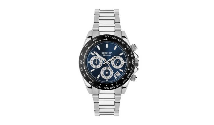 Sekonda Mens Blue Sunray Dial Chronograph Silver Stainless Steel Bracelet Watch