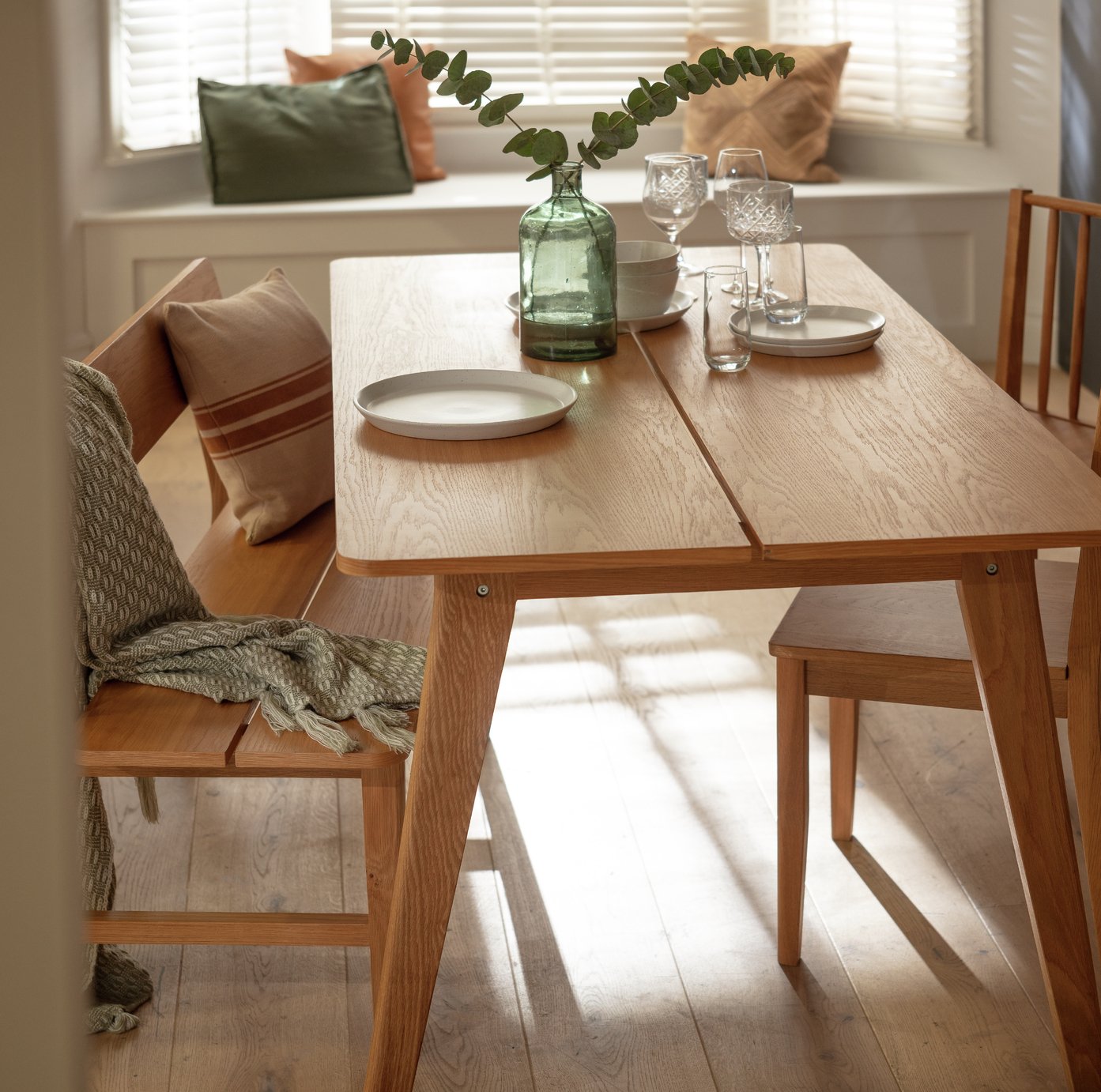 Habitat Nel Wood Veneer Dining Table & 2 Black Benches