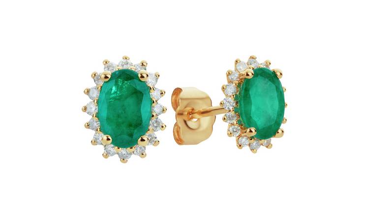Revere 9ct Gold 0.16ct Diamond and Emerald Stud Earrings