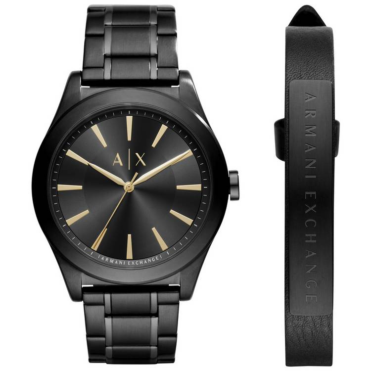 Armani Exchange Men Black Stainless Steel Bracelet Watch Set 0