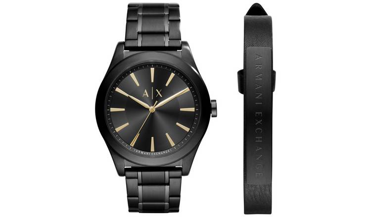 Armani Exchange Men Black Stainless Steel Bracelet Watch Set