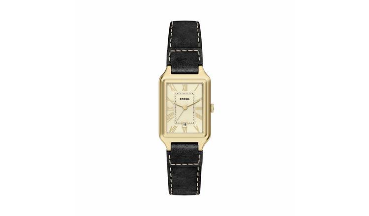 Fossil Gold Tone Case Raquel Three Hand with Date Dial Black Leather Strap Watch