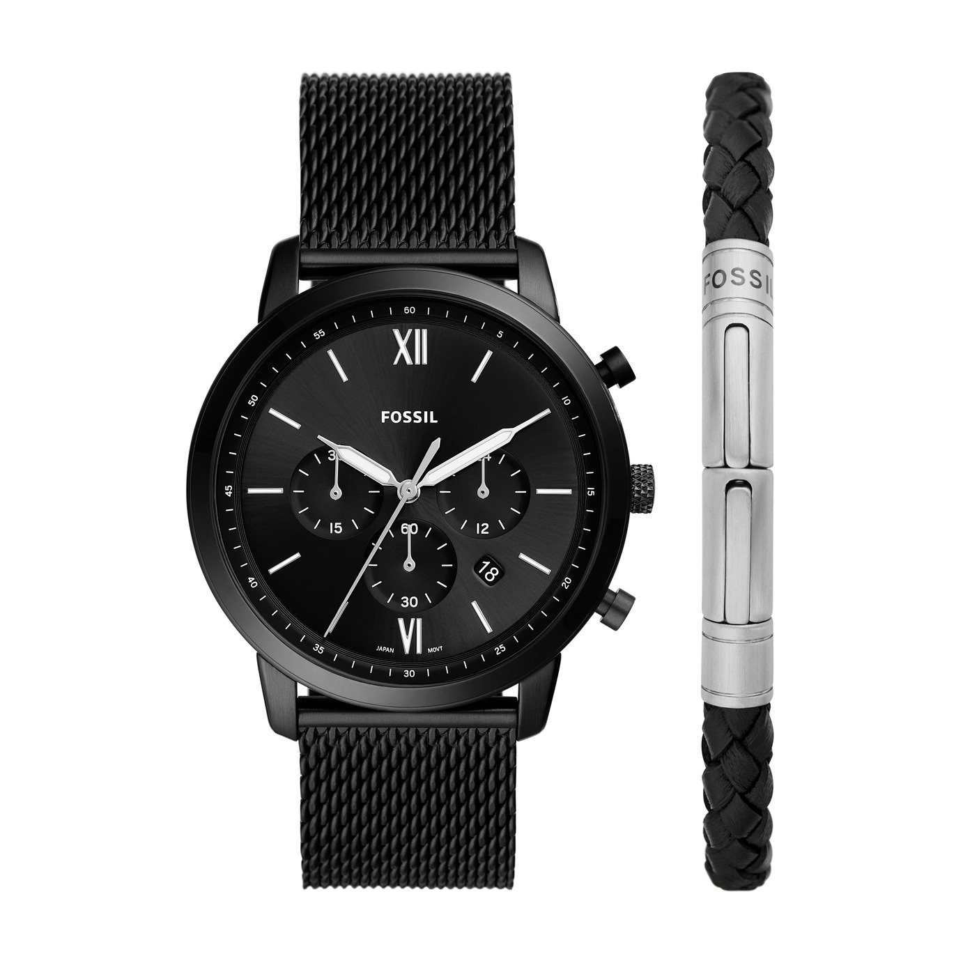 Fossil Men's Black Stainless Steel Mesh Bracelet Watch Set