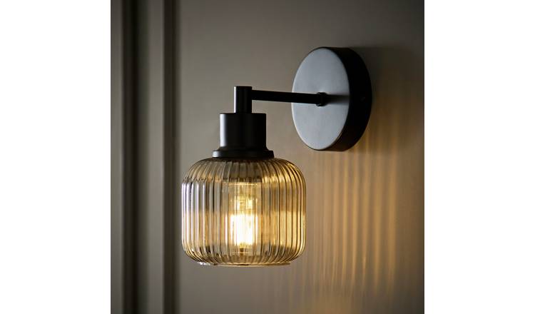 ValueLights Calpe Smoke Glass Ribbed Wall Light - Black