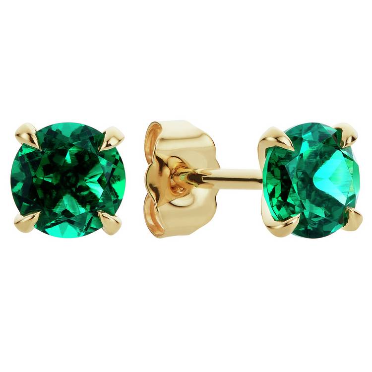 Revere 9ct Yellow Gold Round Created Emerald Stud Earrings 0
