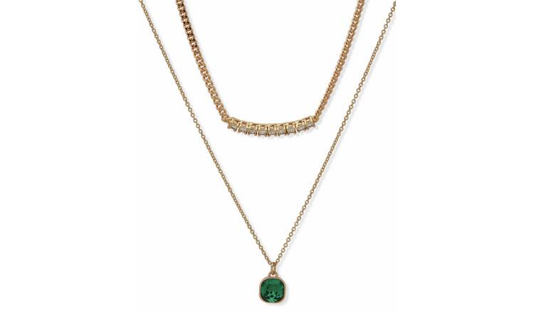DKNY Gold Tone Emerald Cushion Pendant Tennis Double Chain Necklace