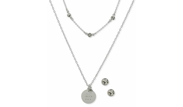 DKNY Silver Tone Logo Crystal Earrings and Pendant Set