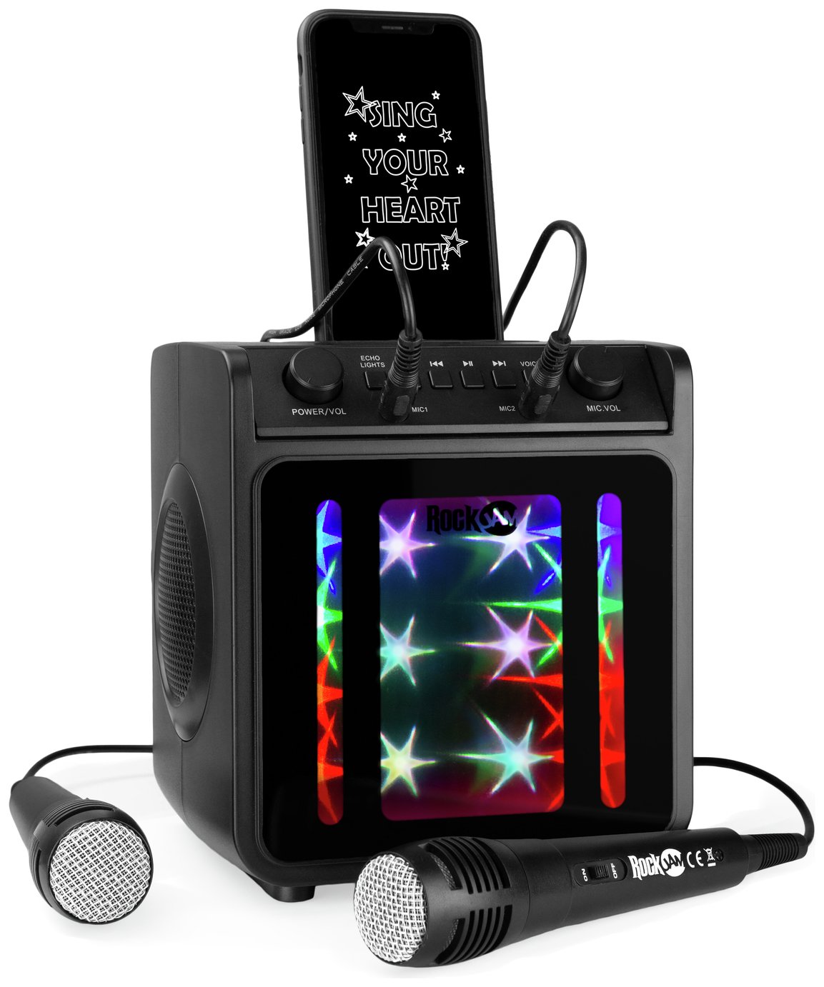 Vocal-Star Portable Karaoke Machine with Bluetooth, 2 Wireless Microphones,  Karaoke System, 60w Speaker, Party Lights Effects, Records Singing