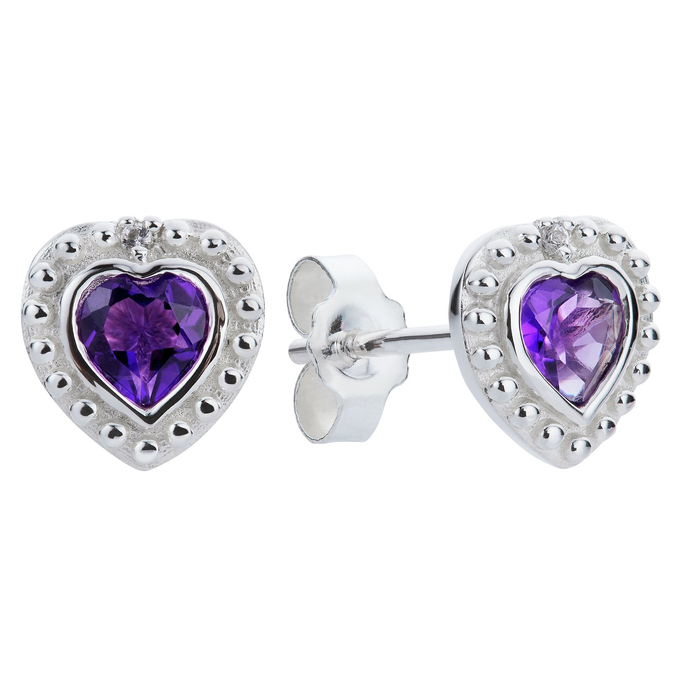 Revere Sterling Silver Heart Shaped Amethyst Stud Earrings