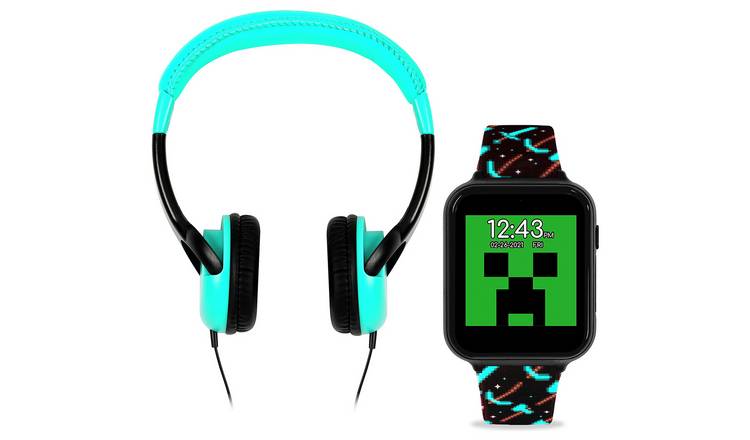 Minecraft Kids Black Smart Watch Headphones Gift Set