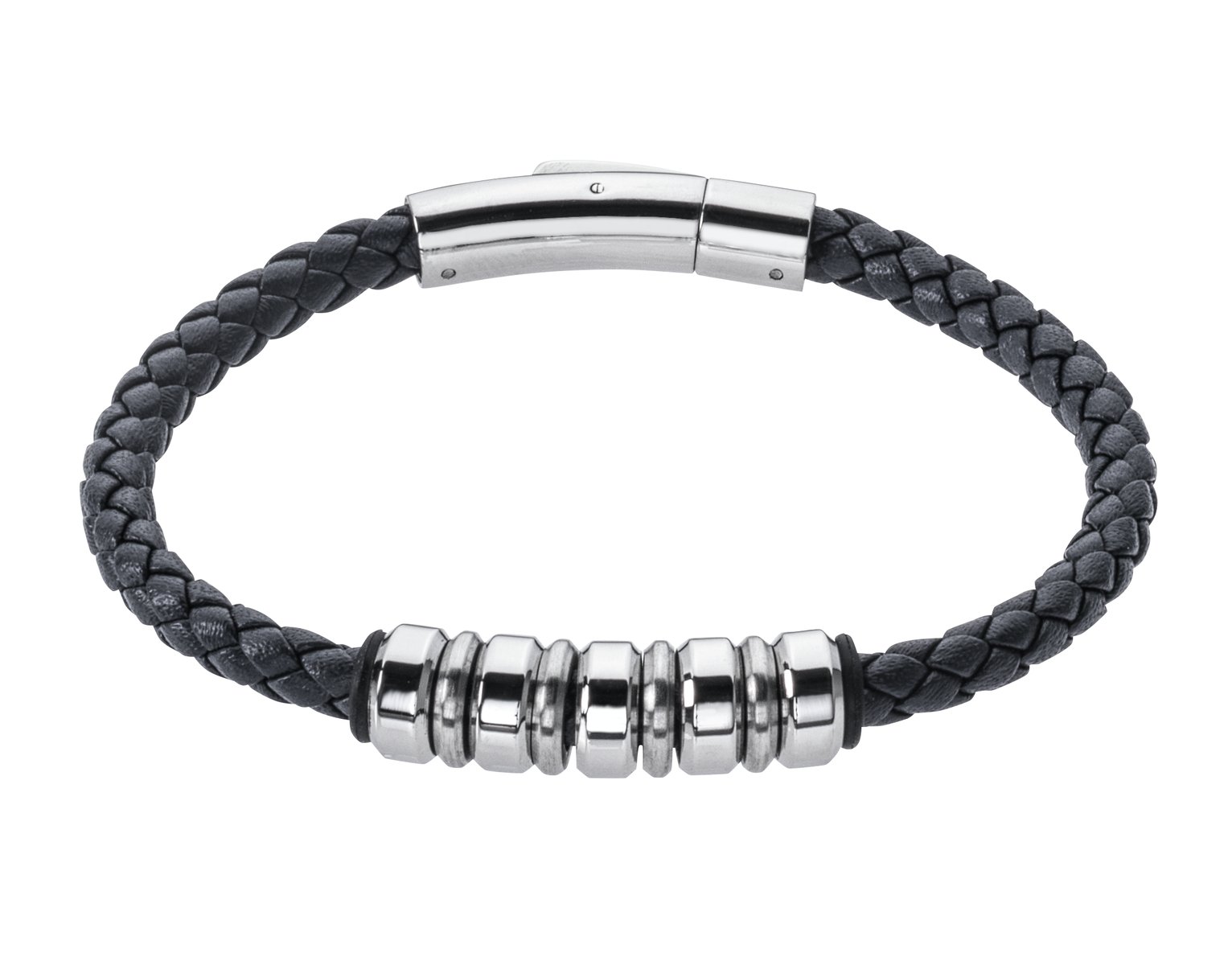 Revere Men's Stainless Steel and Leather Strap Bead Bracelet