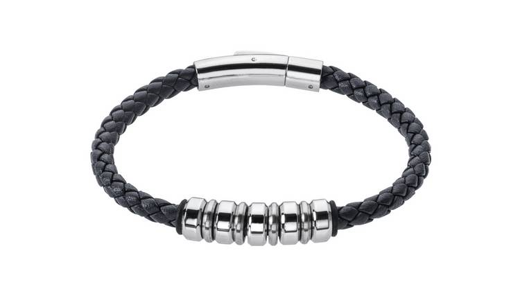 Buy Revere Men's Stainless Steel and Leather Strap Bead Bracelet | Mens ...