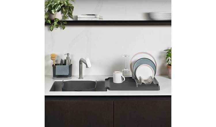 ReBorn 3 Piece Sink Tidy Washing Up Bowl and Large Draining Rack - Dark Grey