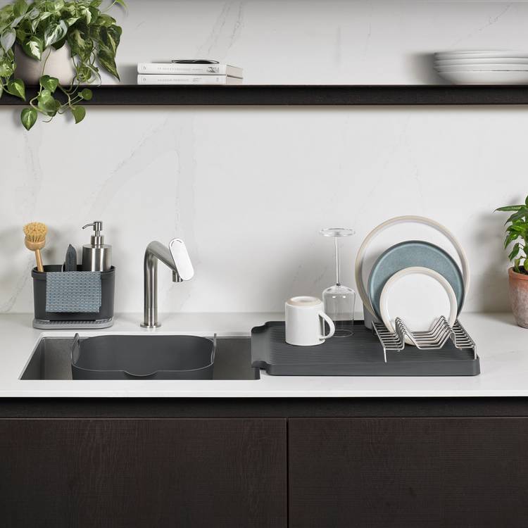ReBorn 3 Piece Sink Tidy Washing Up Bowl and Large Draining Rack - Dark Grey 0