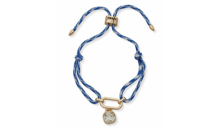 DKNY Gold Tone Crystal Charm Blue Cord Slider Bracelet