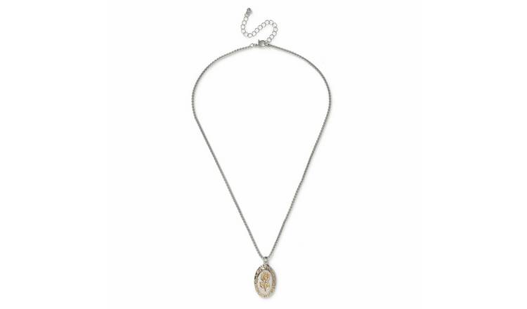 Freedom Silver Tone Mixed Metal Floral Etched Pendant Necklace