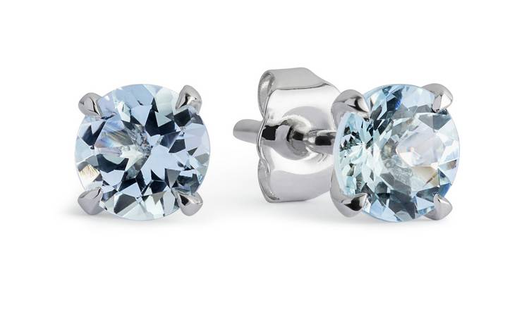 Revere 9ct White Gold Round Aquamarine Stud Earrings - March