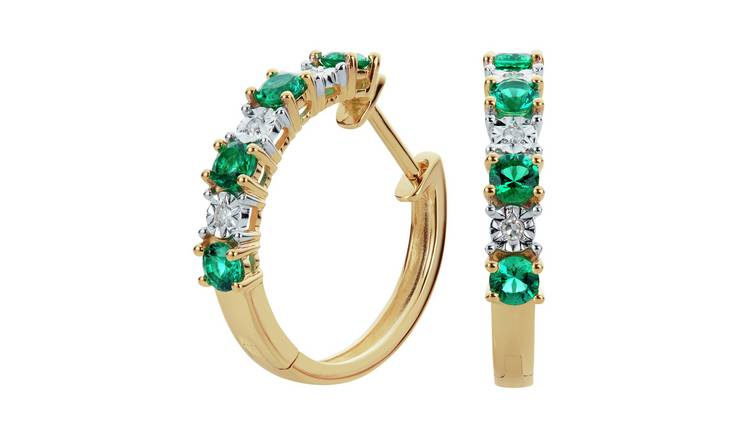 Revere 9ct Gold Created Emerald and Diamond Huggie Earrings
