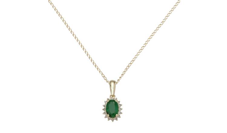Revere 9ct Gold 0.08ct Diamond and Emerald Pendant - May